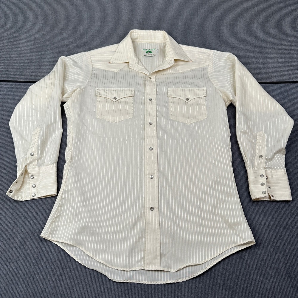 Vintage Mesquite Niver Western Wear Pearl Snap Shirt Cream Satin Stripe 15.5x33